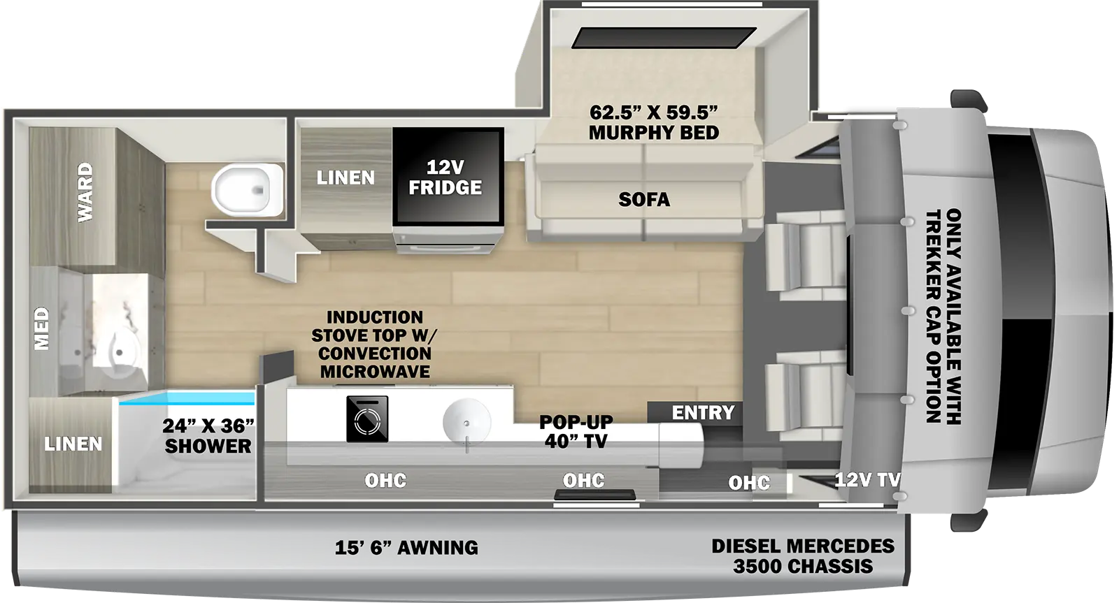 The Solera 24SFM floorplan has one entry and one slide out. Exterior features include: 15'6" awning. Interiors features include: murphy bed, rear bathroom and bunk over cab.